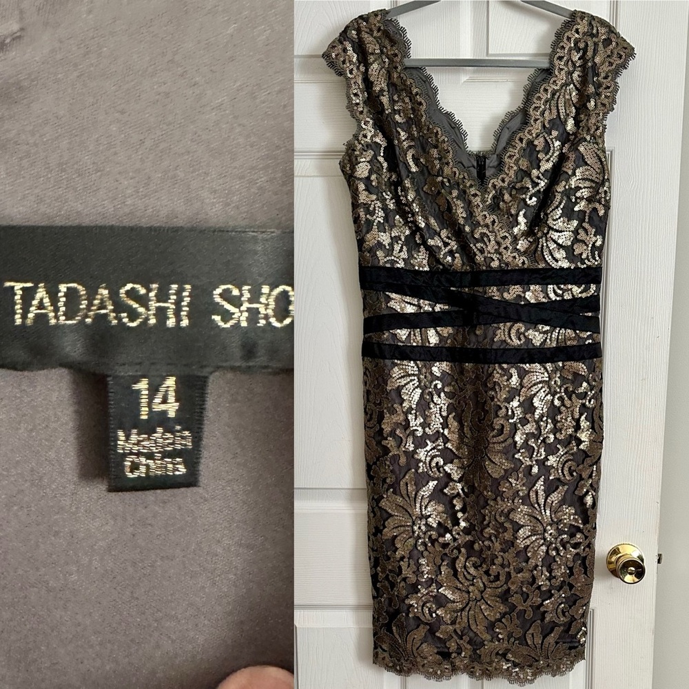Tadashi Shoji
Paillette Embroidered Black and Gold
Lace Dress Size 14 EUC - Picture 5 of 6